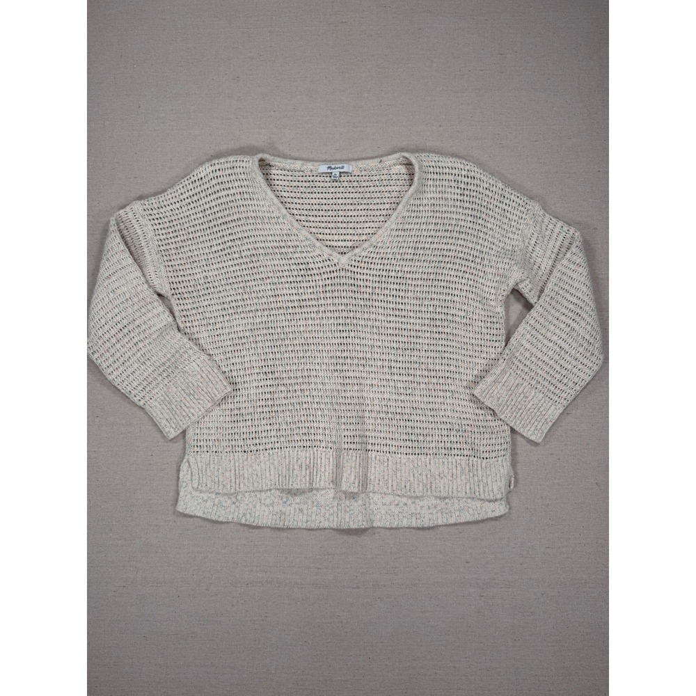 Madewell Womens XS Cream Marl Open Knit V-Neck Cotton Blend Sweater Relaxed Fit